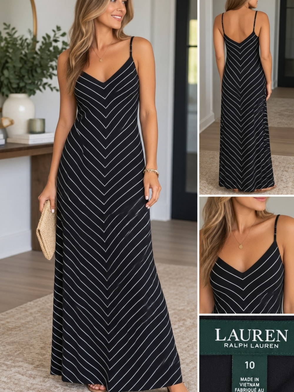 Lauren Ralph Lauren Black Striped V-Neck Maxi Dress